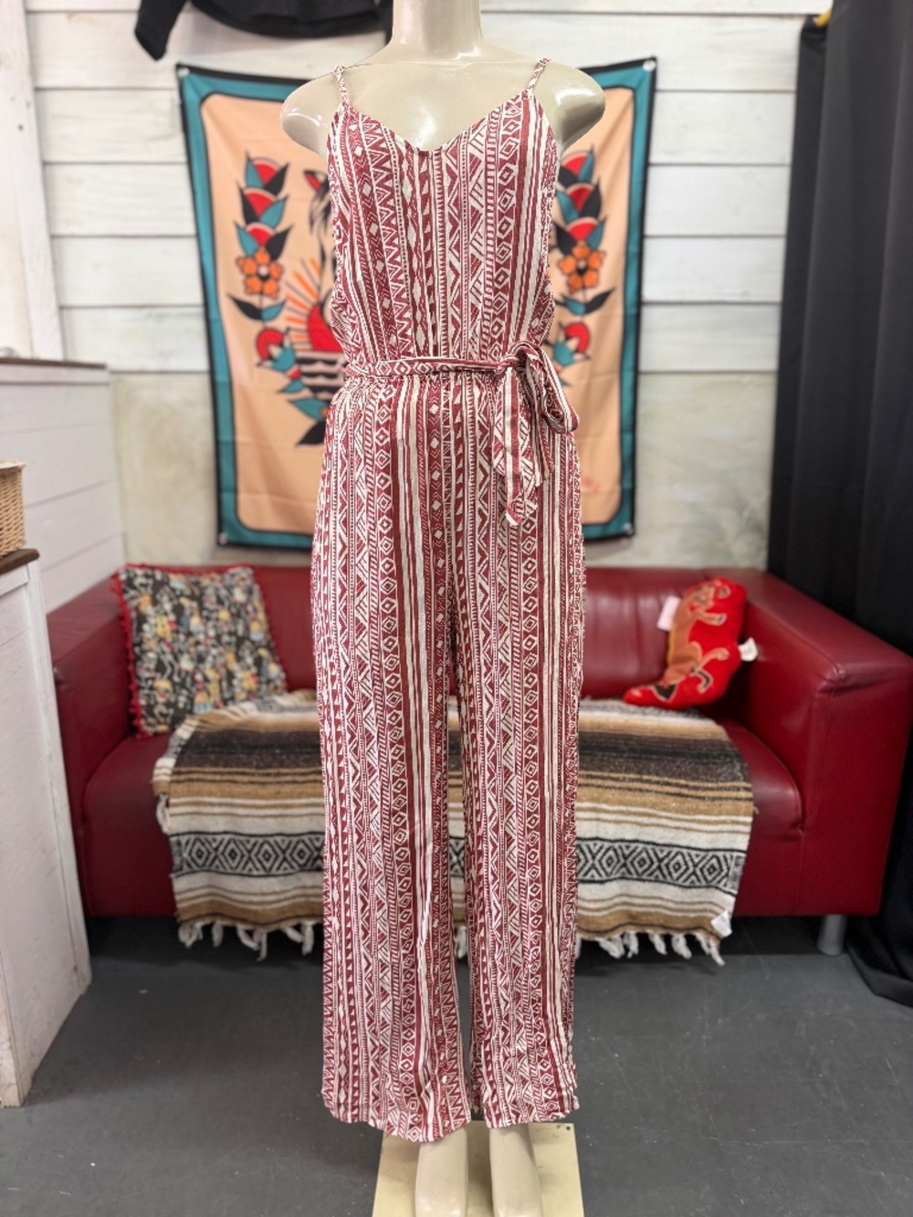 Nectar Clothing Terra Cotta and Off White Geometric Jumpsuit - Sz S